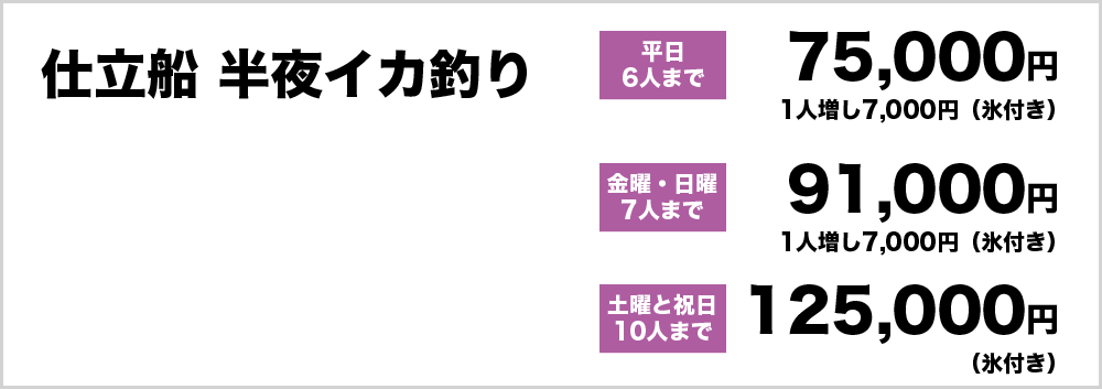 仕立船　半夜イカ釣り　平日6人まで75,000円、1人増し7,000円（氷付き）　金曜、日曜7人まで91,000円、1人増し7,000円（氷付き）　土曜、祝日10人まで125,000円（氷付き）