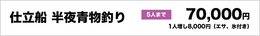 仕立船　半夜青物釣り5人まで70,000円、1人増し8,000円（エサ、氷付き）