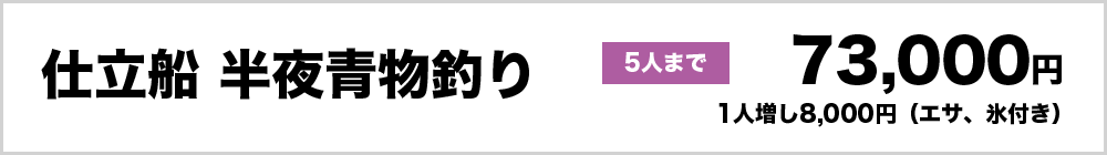 仕立船　半夜青物釣り5人まで73,000円、1人増し8,000円（エサ、氷付き）