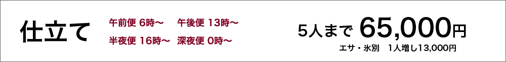 仕立て　5人まで65,000円（エサ、氷別）、1人増し13,000円