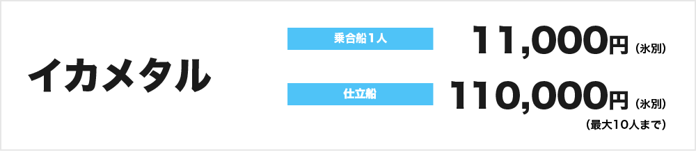 イカメタル：乗合船1人11,000円（氷別）仕立船　110,000円（最大10人まで）